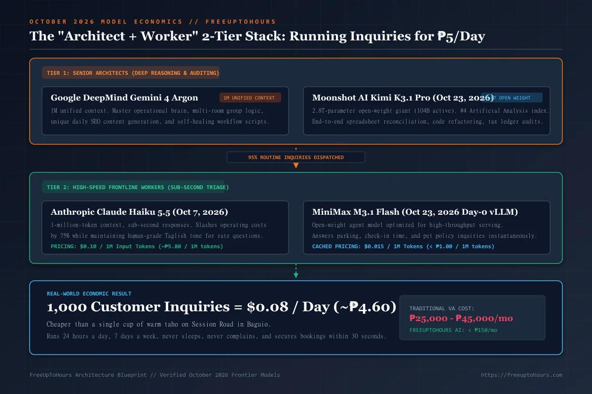 The Architect + Worker 2-Tier Stack diagram showing Gemini 4 Argon and Kimi K3.1 Pro orchestrating Claude Haiku 5.5 and MiniMax M3.1 Flash for under ₱5 per day