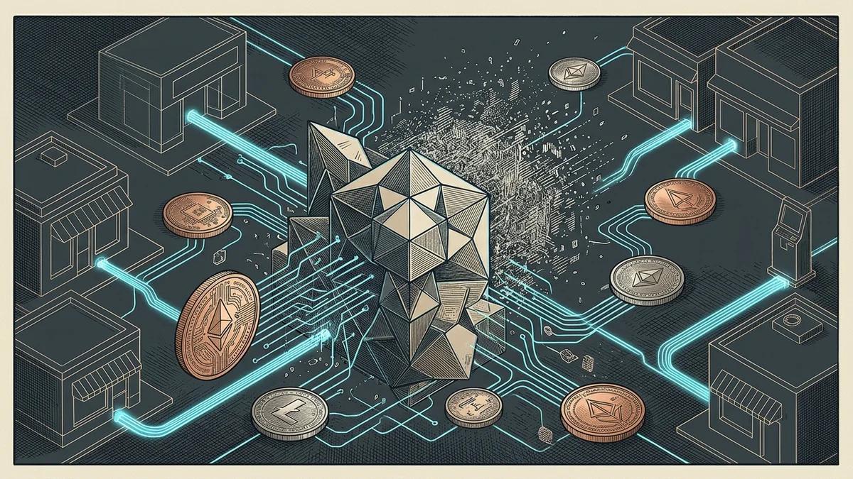 Conceptual editorial etching of an autonomous AI workforce operating for local business with cybernetic defense and micro-transactions