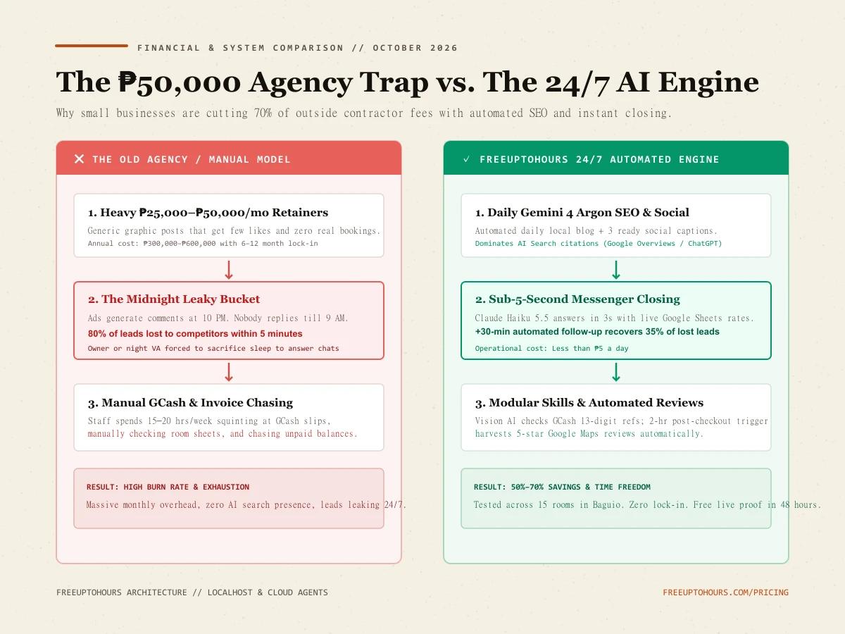 The ₱50,000 Agency Trap vs. The FreeUpToHours 24/7 Automated Engine