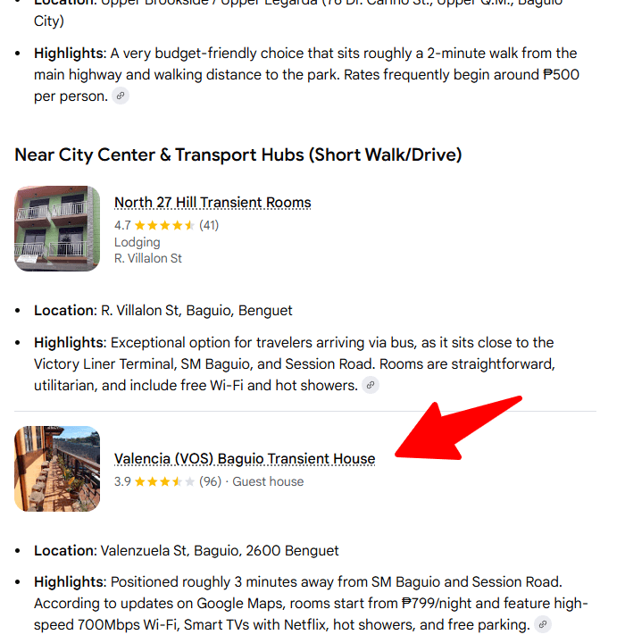 An AI search result for "transient house near Burnham Park Baguio City" that includes Valencia (VOS) Baguio Transient House under "Near City Center & Transport Hub (Short Walk/Drive)."
