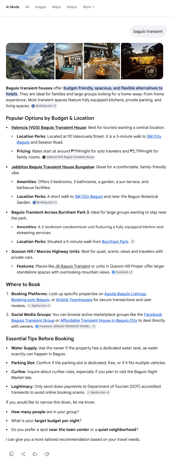 Google search result showing the Baguio transient property ranking at the top with deep original content — rooms grouped by budget, a "Where to Book" section, and essential booking tips.