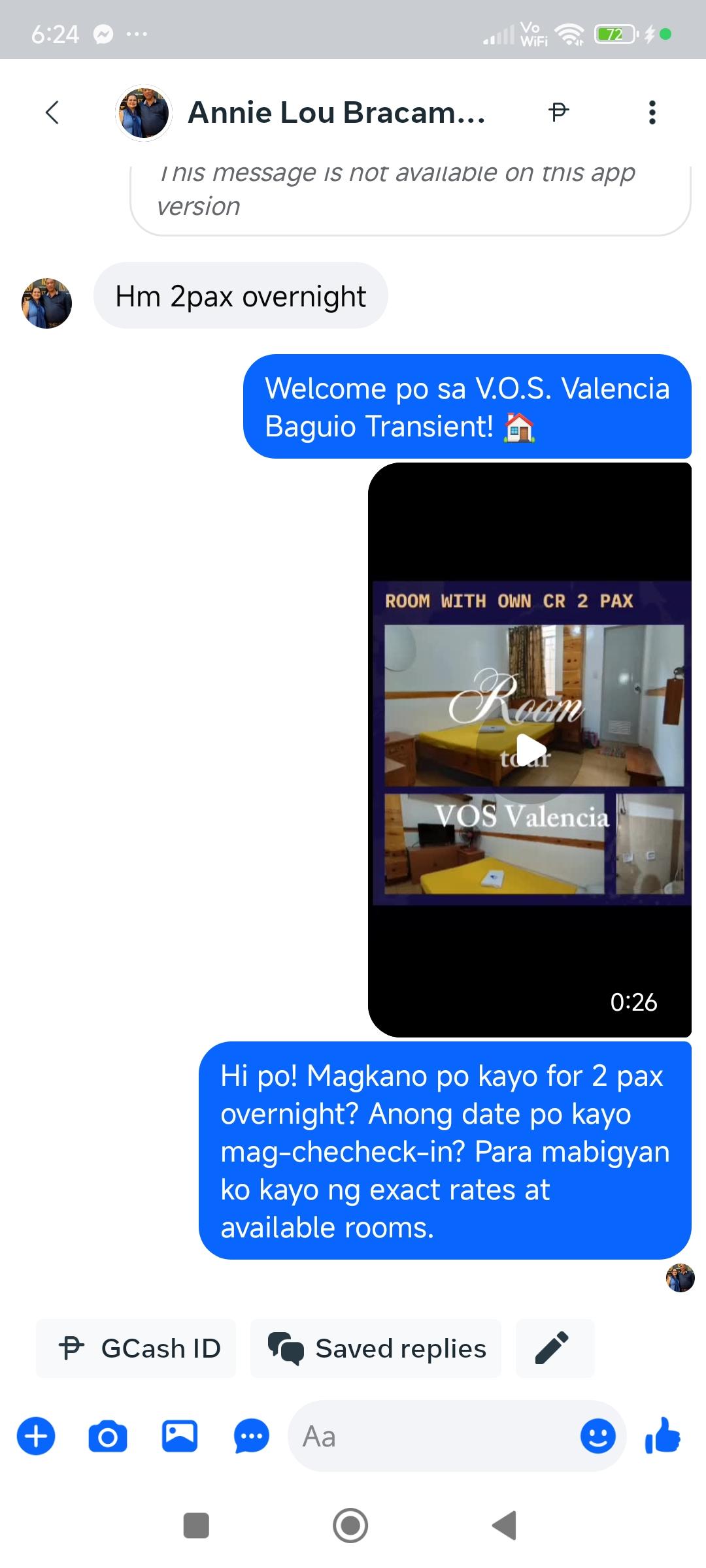 A real Messenger booking inquiry — the chatbot welcomes the guest to V.O.S. Valencia Baguio Transient, sends a room-tour video, then replies in Taglish asking for the dates and number of guests.