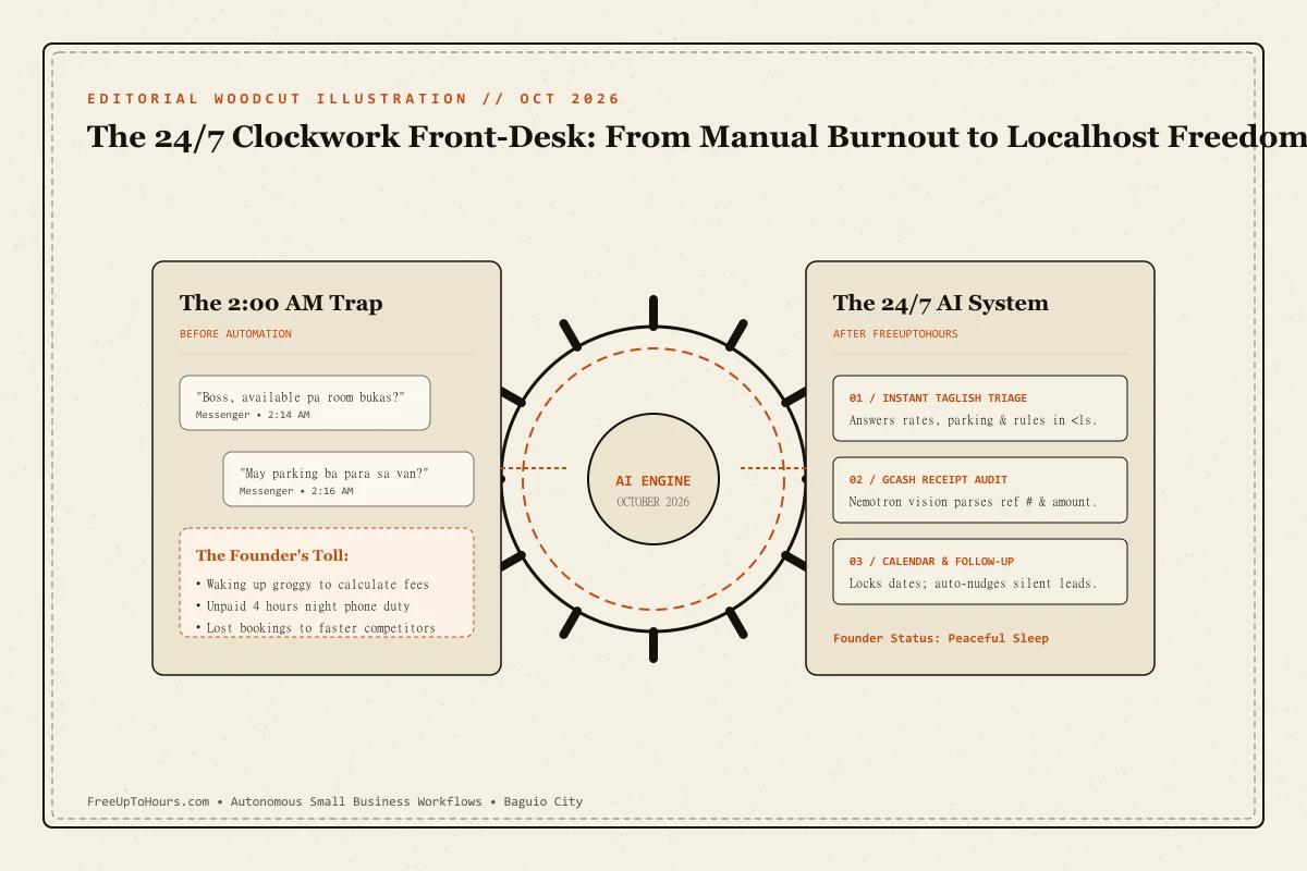 Editorial woodcut illustration of the 24/7 automated clockwork front-desk replacing manual burnout