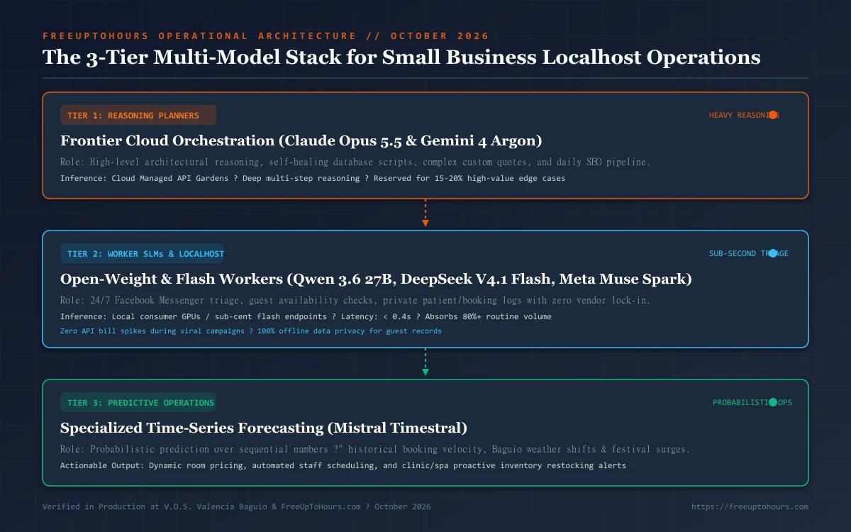 The 3-tier multi-model AI stack diagram showing cloud planners, localhost workers, and predictive time-series models