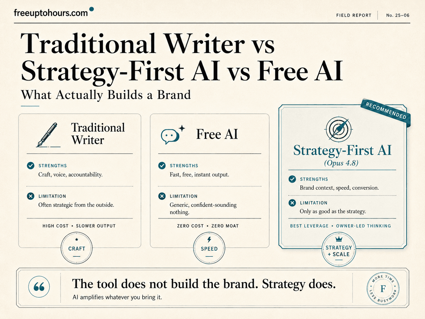 Traditional Writer vs Strategy-First AI vs Free AI: What Actually Builds a Brand