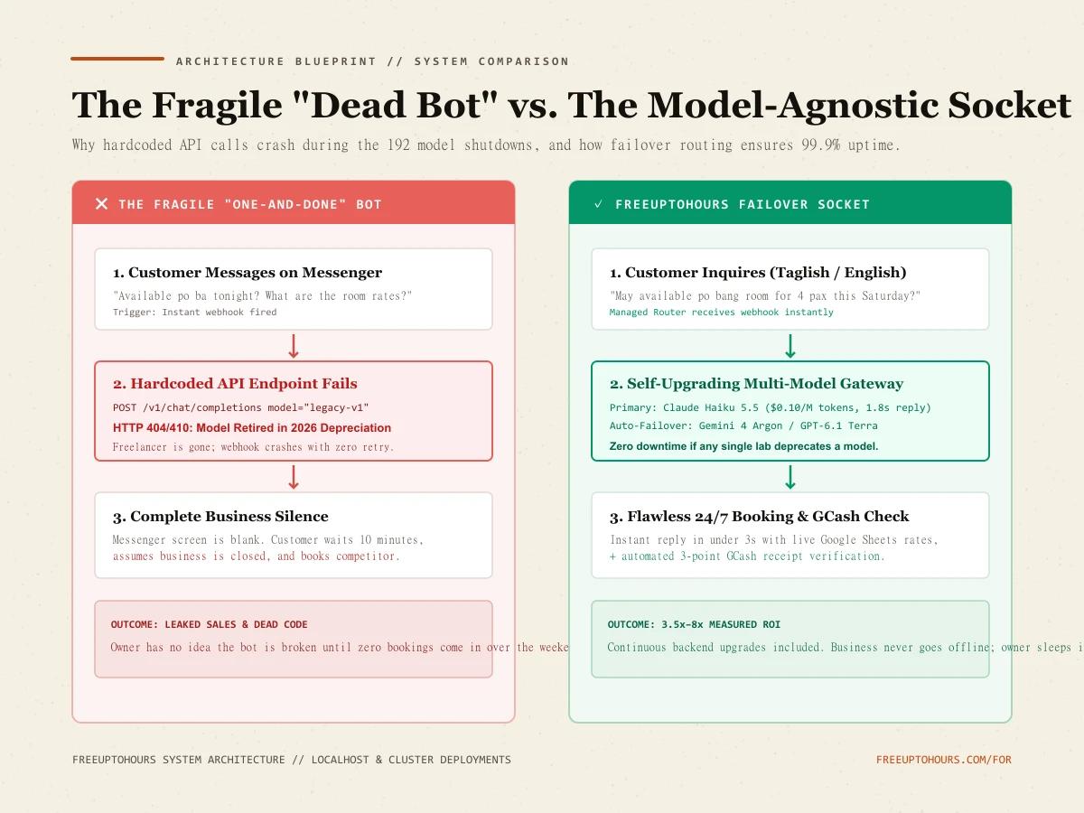 The Fragile Hardcoded Chatbot vs. The FreeUpToHours Failover Socket Architecture
