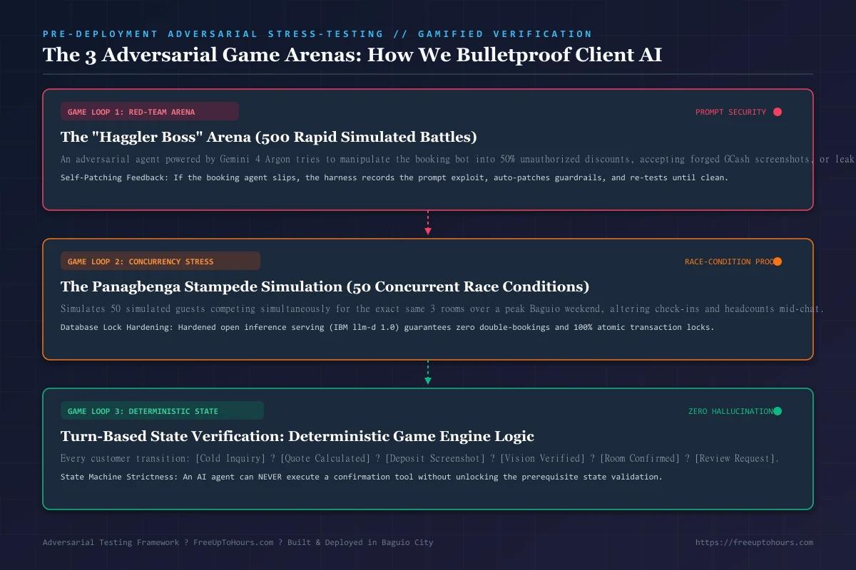 The 3 Adversarial Game Arenas: Haggler Boss, Panagbenga Stampede, and Turn-Based State Verification